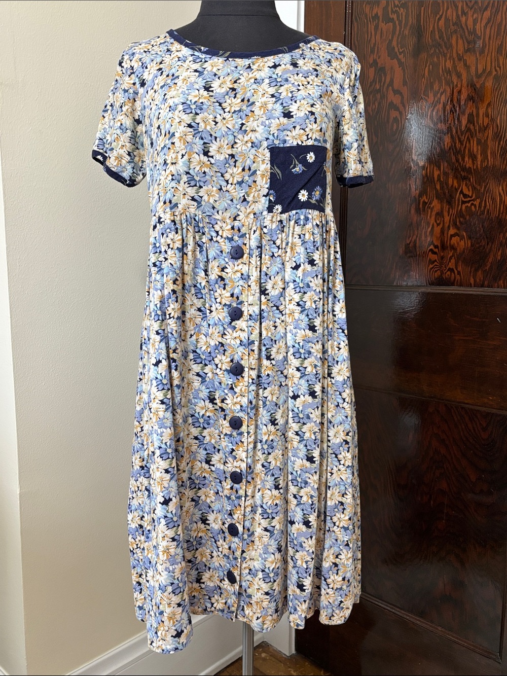 Vintage Pellini Women’s 90s Blue Floral Pocket Front Swing Dress Tie Back